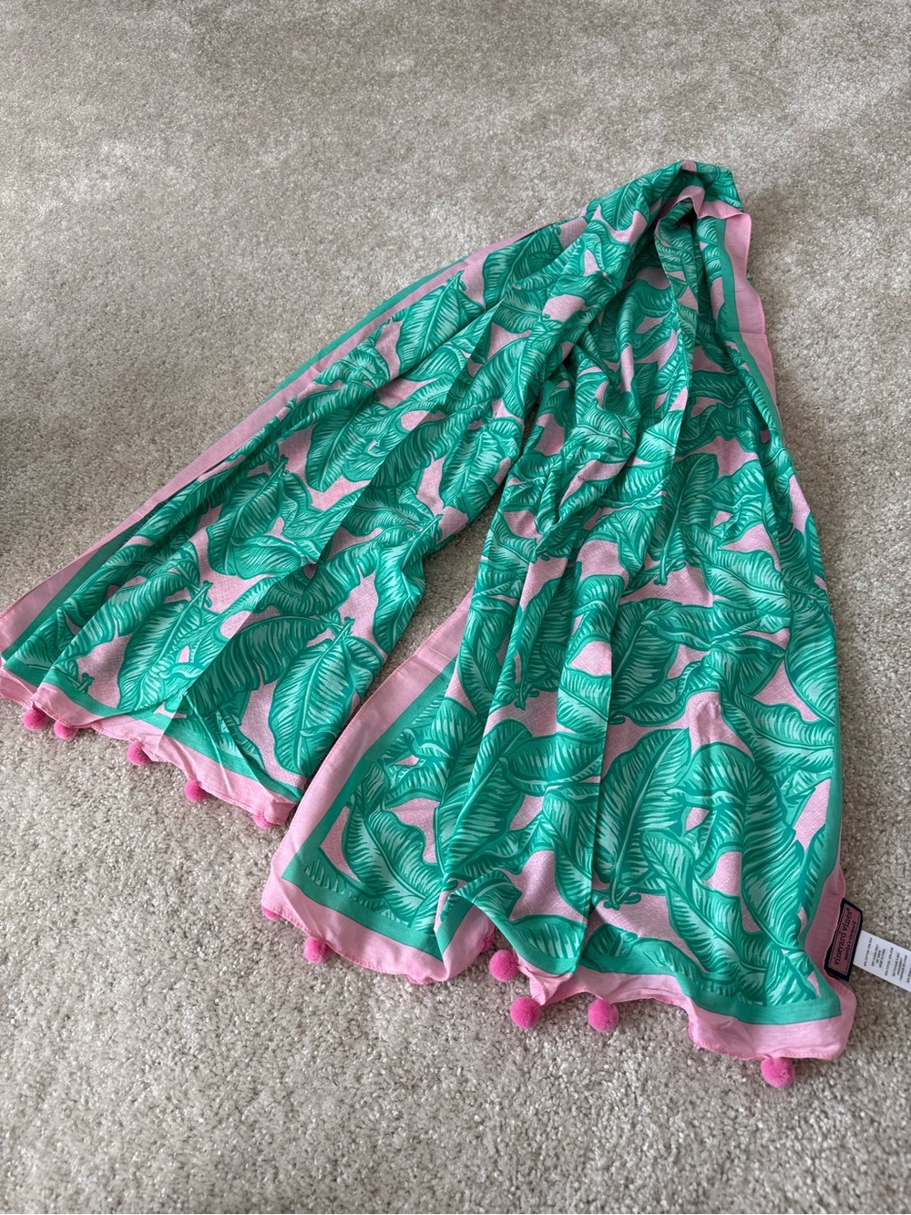 Vineyard Vines Pink & Green Tropical Leaves Scarf/Wrap with Pom Poms NWOT